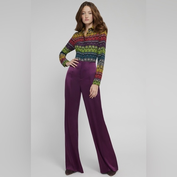 New! Alice + Olivia Willa Rainbow Stace Face 100% Silk Blouse 💜 💛 XS - Picture 5 of 16